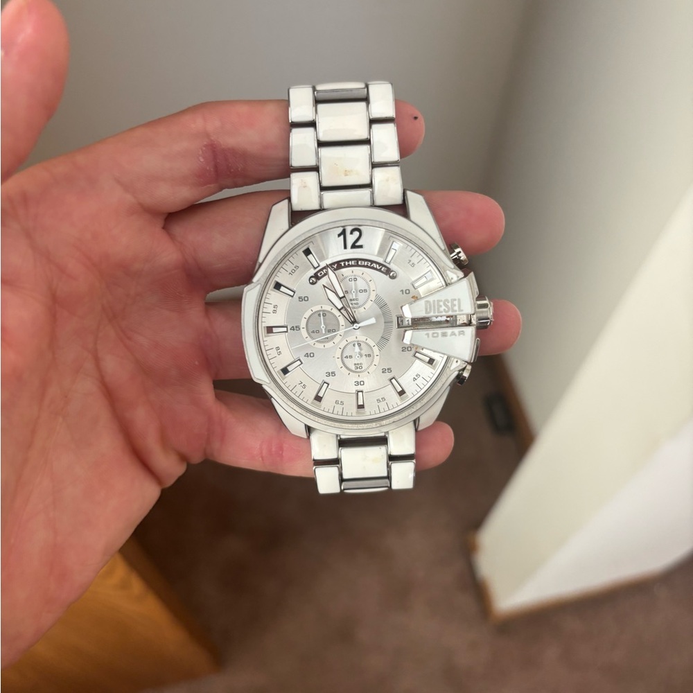 Diesel Silver and White Chronograph Watch